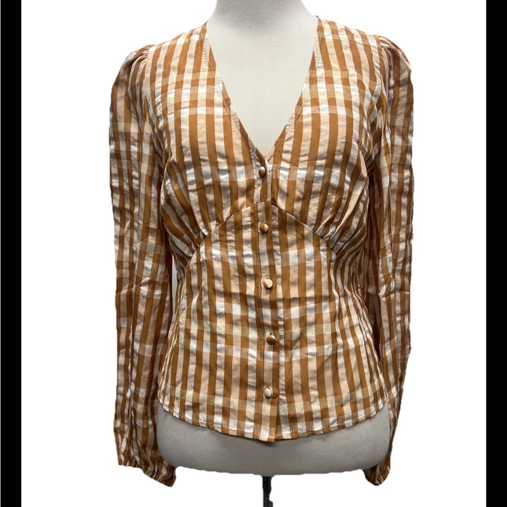 & Other Stories V Neck Blouse in Beige Check US 6